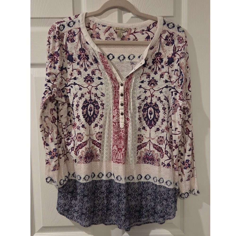 Lucky‎ Brand Boho Print Henley Top Long Sleeve Floral Paisley Women's Large